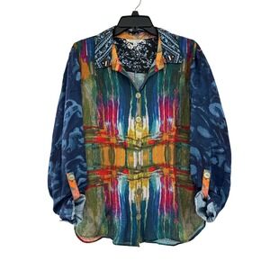 John Mark Multicolor Button Down Blouse XL Abstract Artsy Boho Lagenlook Shirt